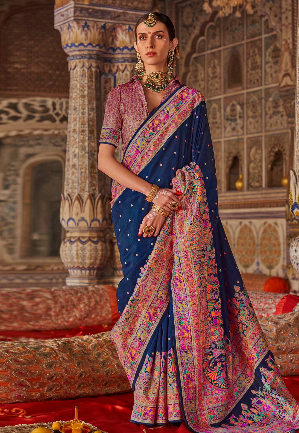 Navy Blue Silk Saree With Blouse 309350