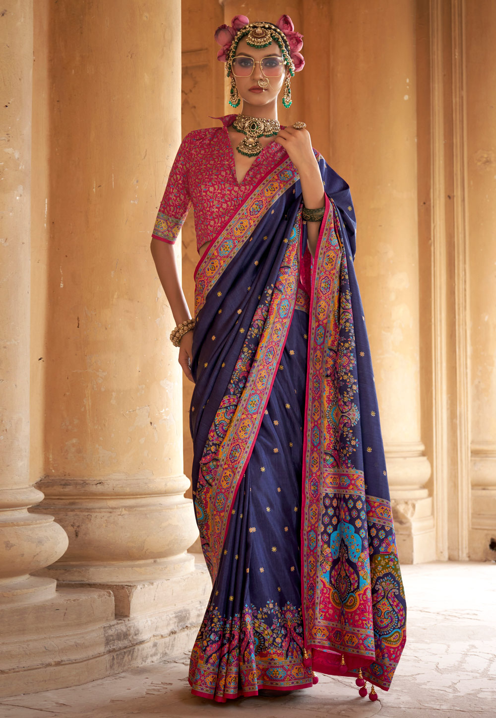 Navy Blue Silk Saree With Blouse 309817