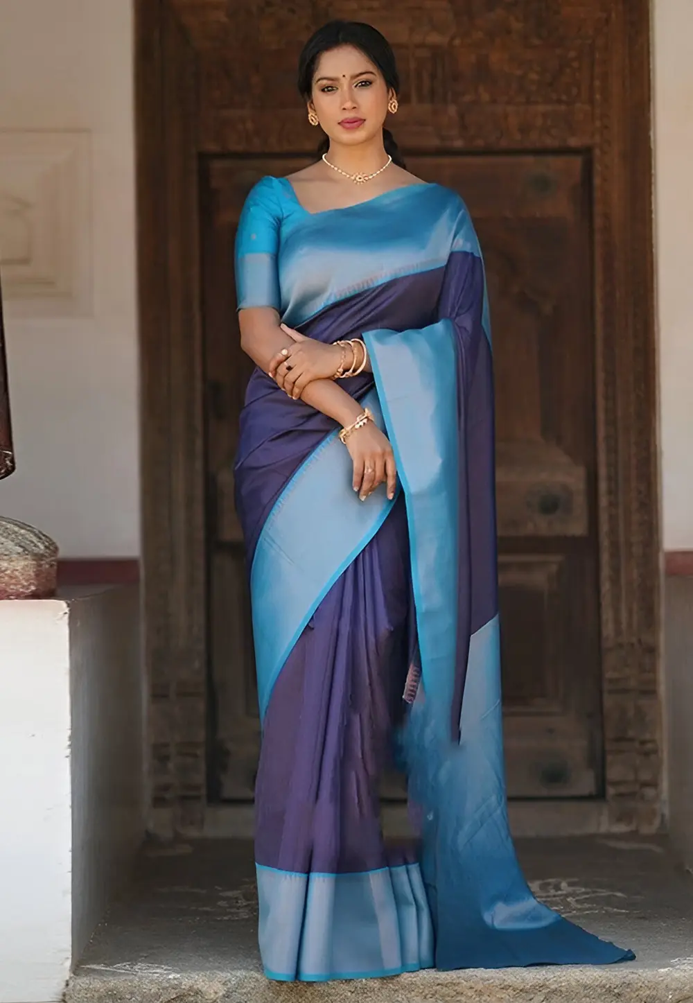 Navy Blue Silk Saree With Blouse 301197