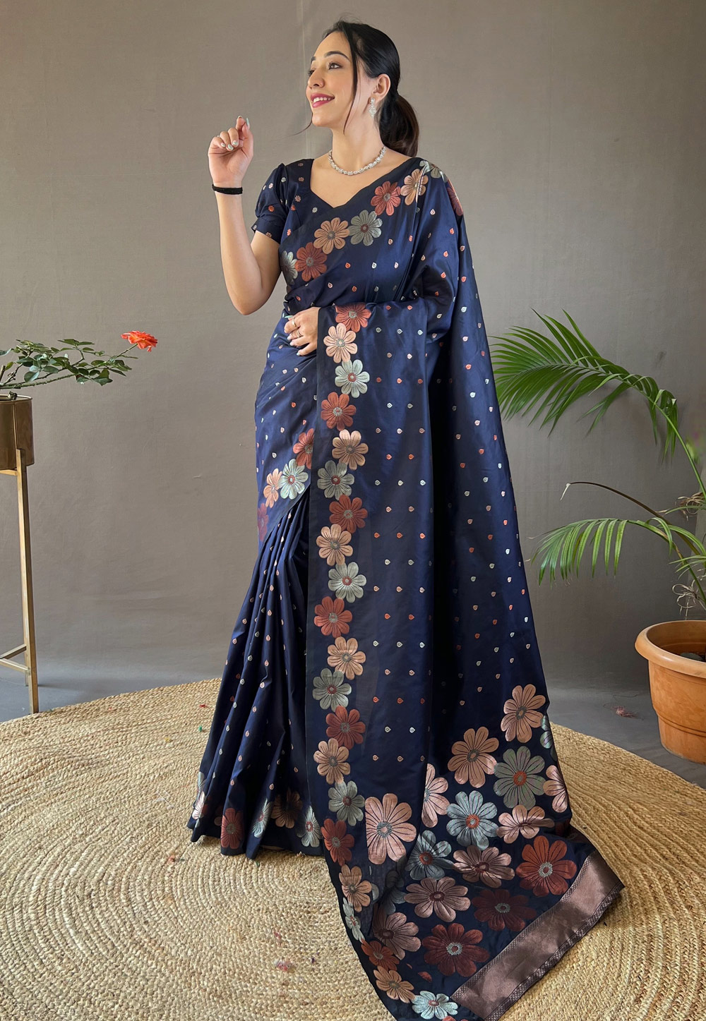 Navy Blue Silk Saree With Blouse 287315