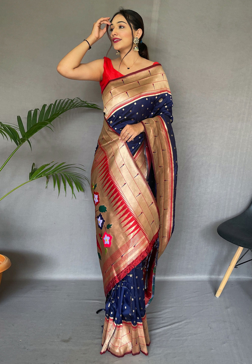 Navy Blue Silk Saree With Blouse 287326