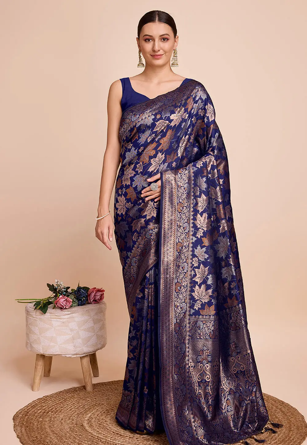 Navy Blue Silk Saree With Blouse 296270