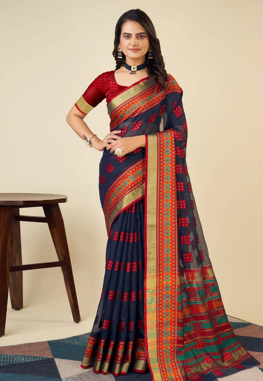 Navy Blue Silk Saree With Blouse 296359