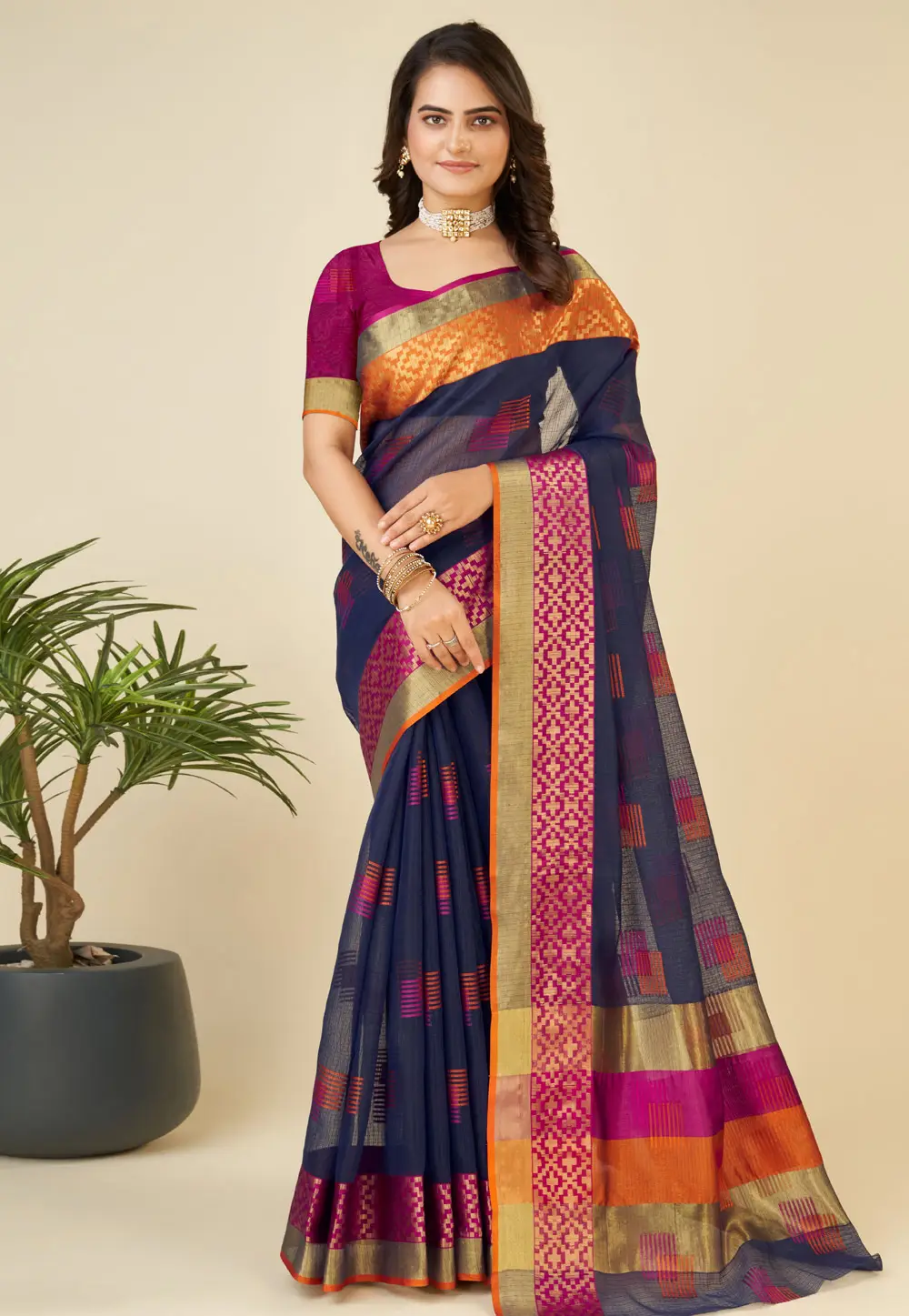 Navy Blue Silk Saree With Blouse 296364