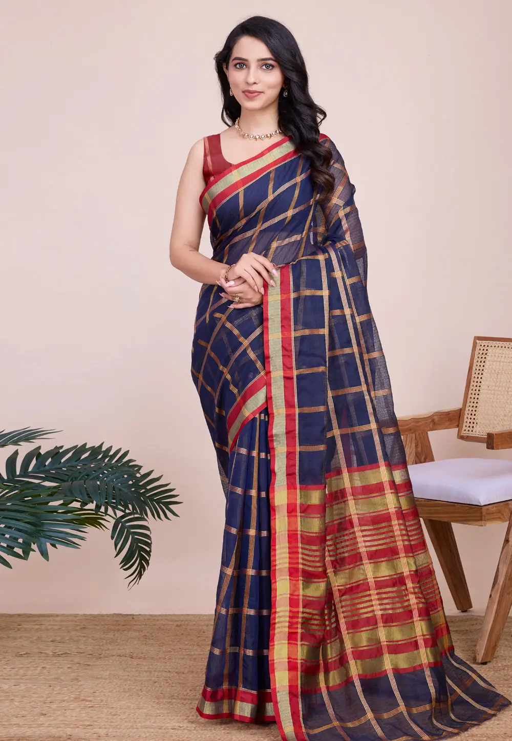 Navy Blue Silk Saree With Blouse 297050