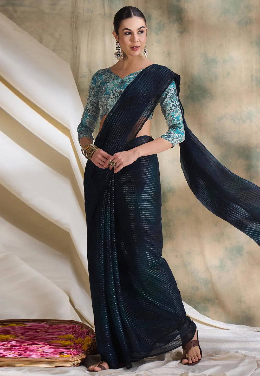 Navy Blue Silk Saree With Blouse 301541