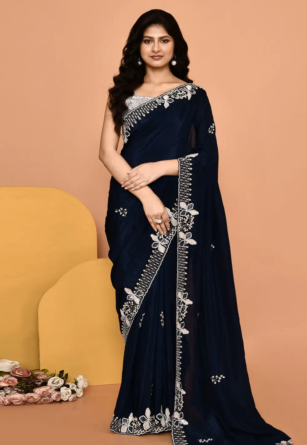 Navy Blue Silk Saree With Blouse 296035