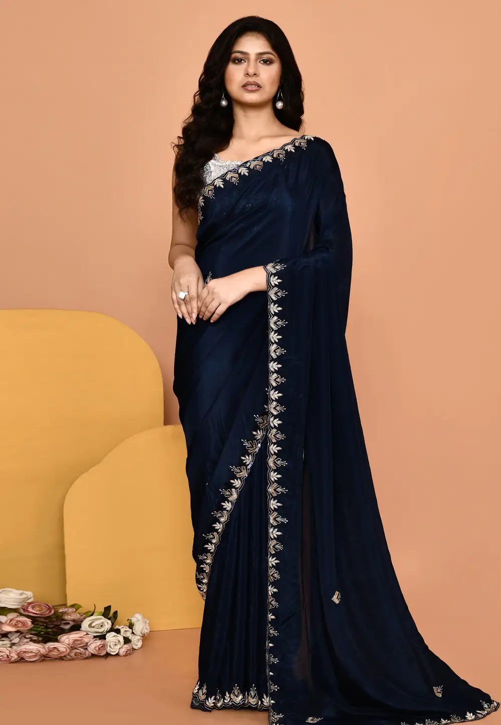 Navy Blue Silk Saree With Blouse 296036