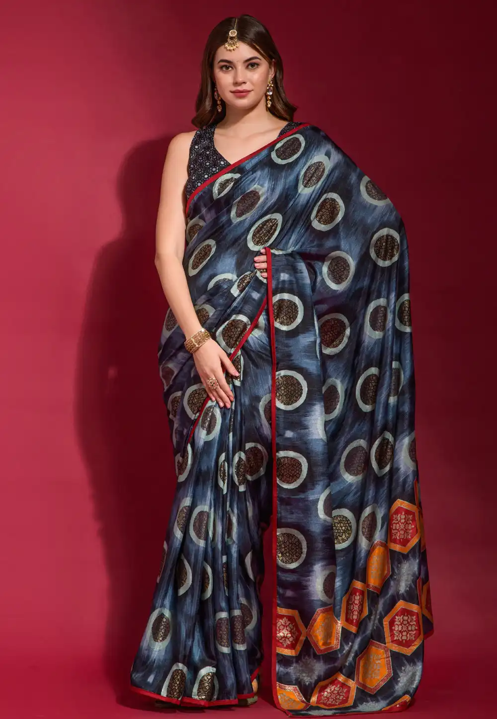 Navy Blue Silk Saree With Blouse 291446