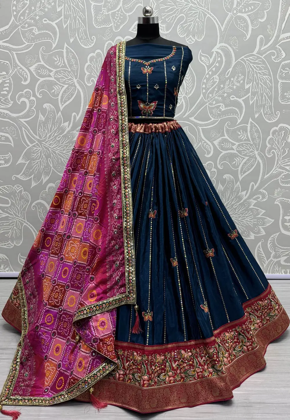 Navy Blue Silk Wedding Lehenga Choli 296994