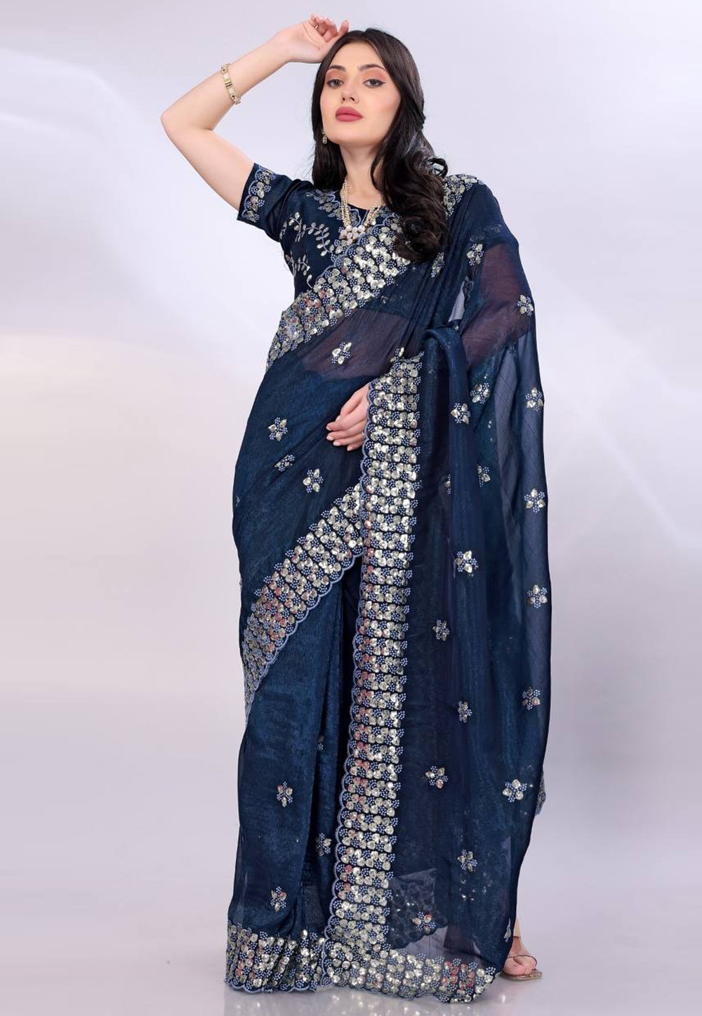 Navy Blue Tussar Saree With Blouse 305646