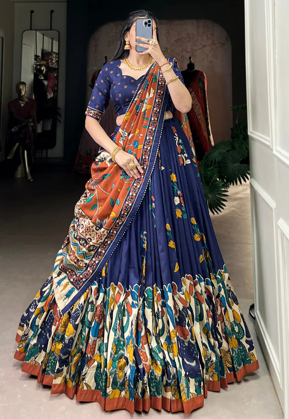 Navy Blue Tussar Silk Circular Lehenga Choli 304629