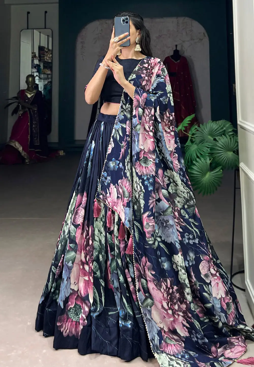 Navy Blue Tussar Silk Floral Lehenga choli 296331