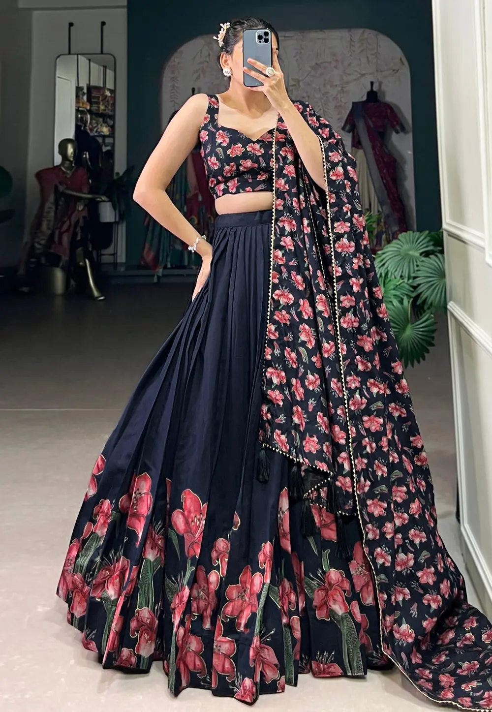 Navy Blue Tussar Silk Floral Lehenga choli 302735