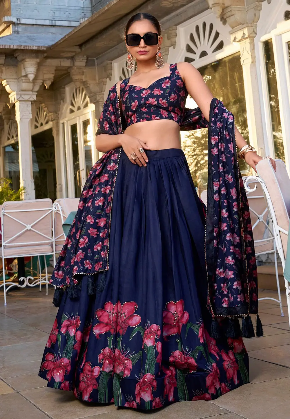 Navy Blue Tussar Silk Floral Lehenga choli 303696