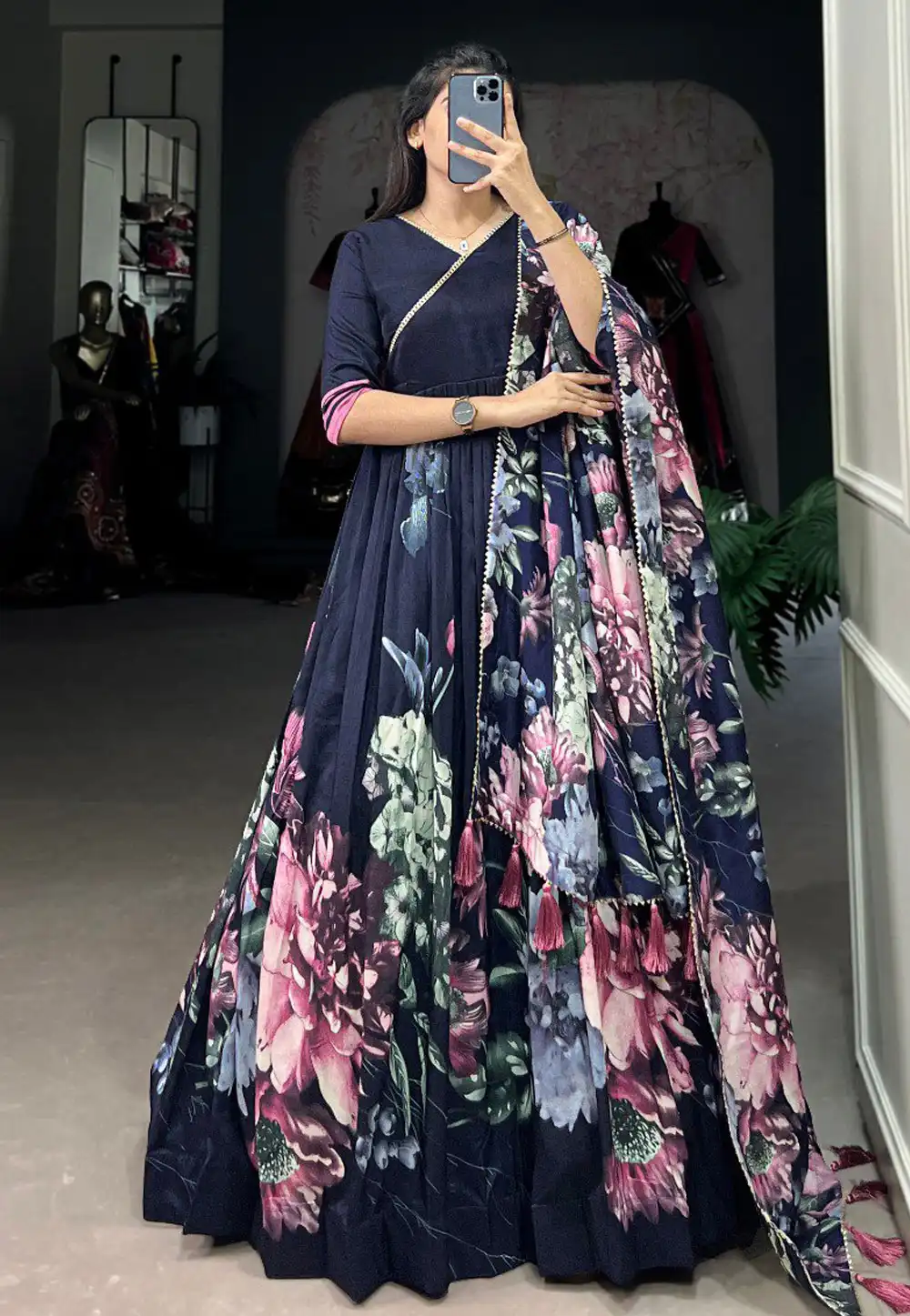 Navy Blue Tussar Silk Readymade Floor Length Anarkali Suit 293282