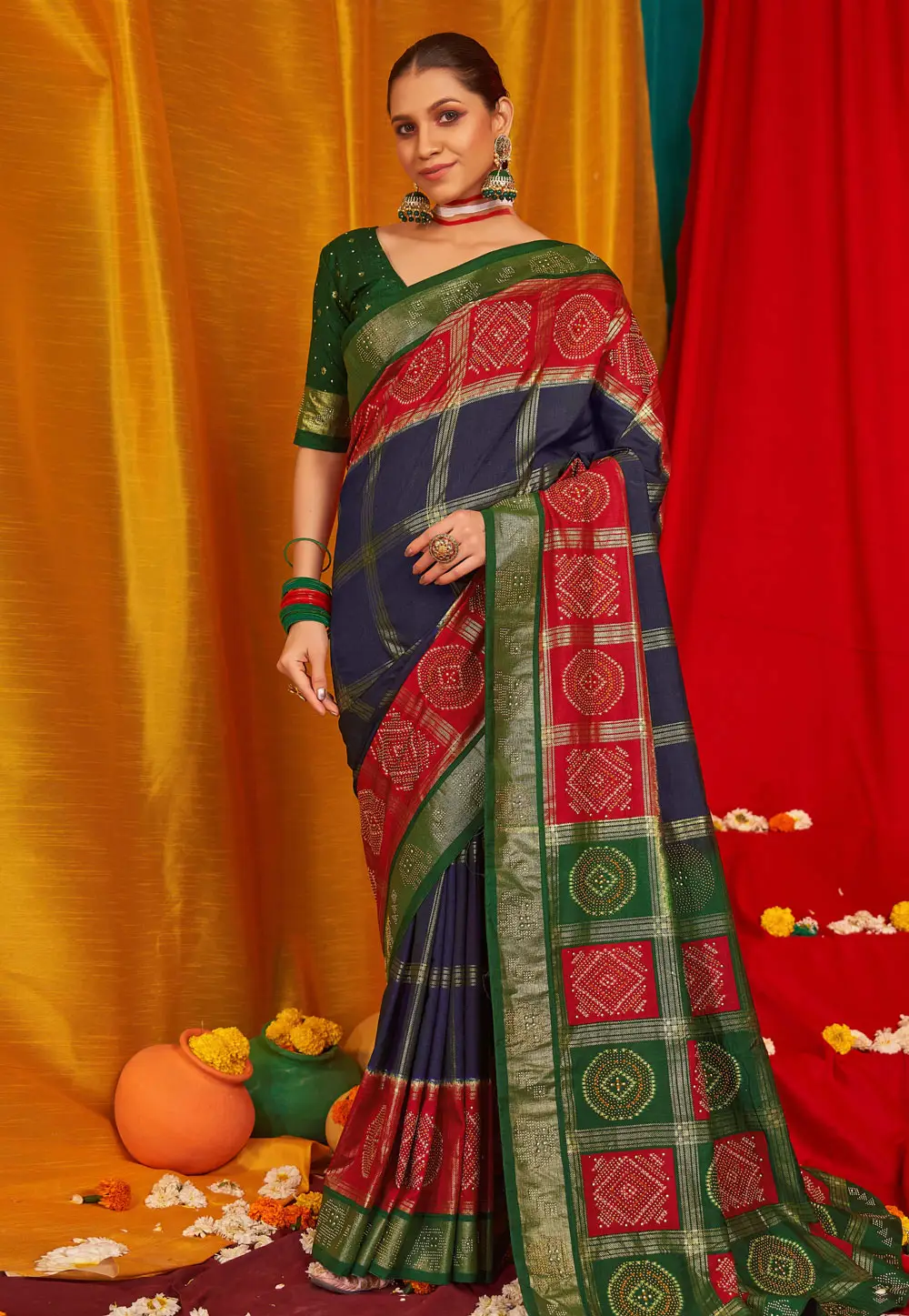 Navy Blue Tussar Silk Saree With Blouse 296090