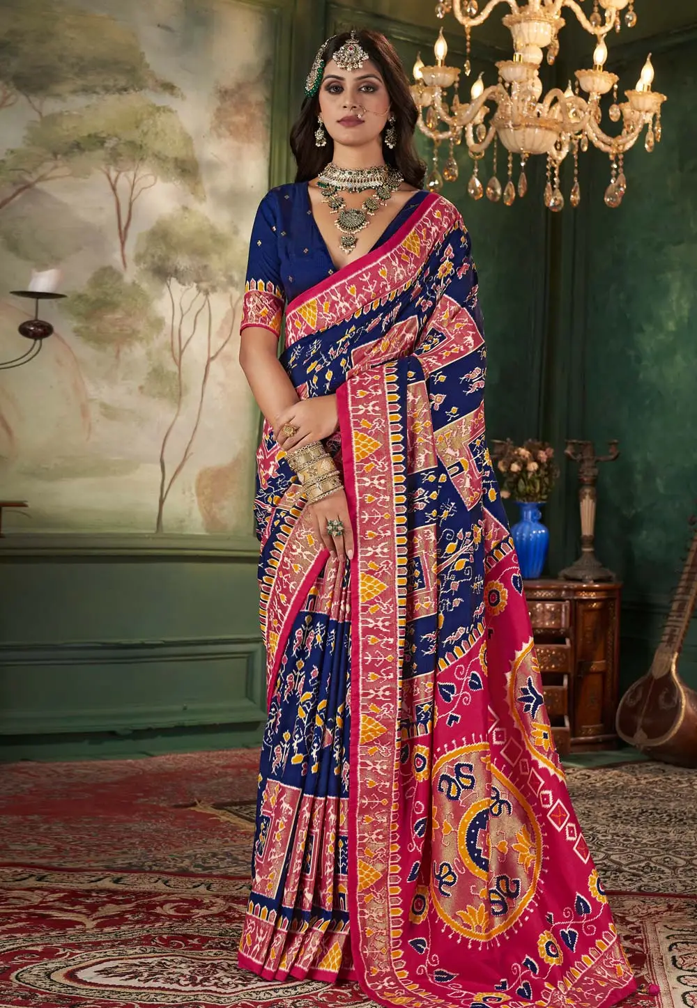 Navy Blue Tussar Silk Saree With Blouse 296326