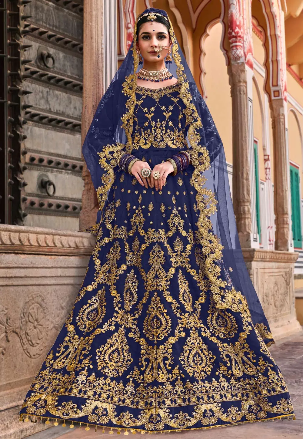 Navy Blue Velvet Bridal Lehenga Choli 302933