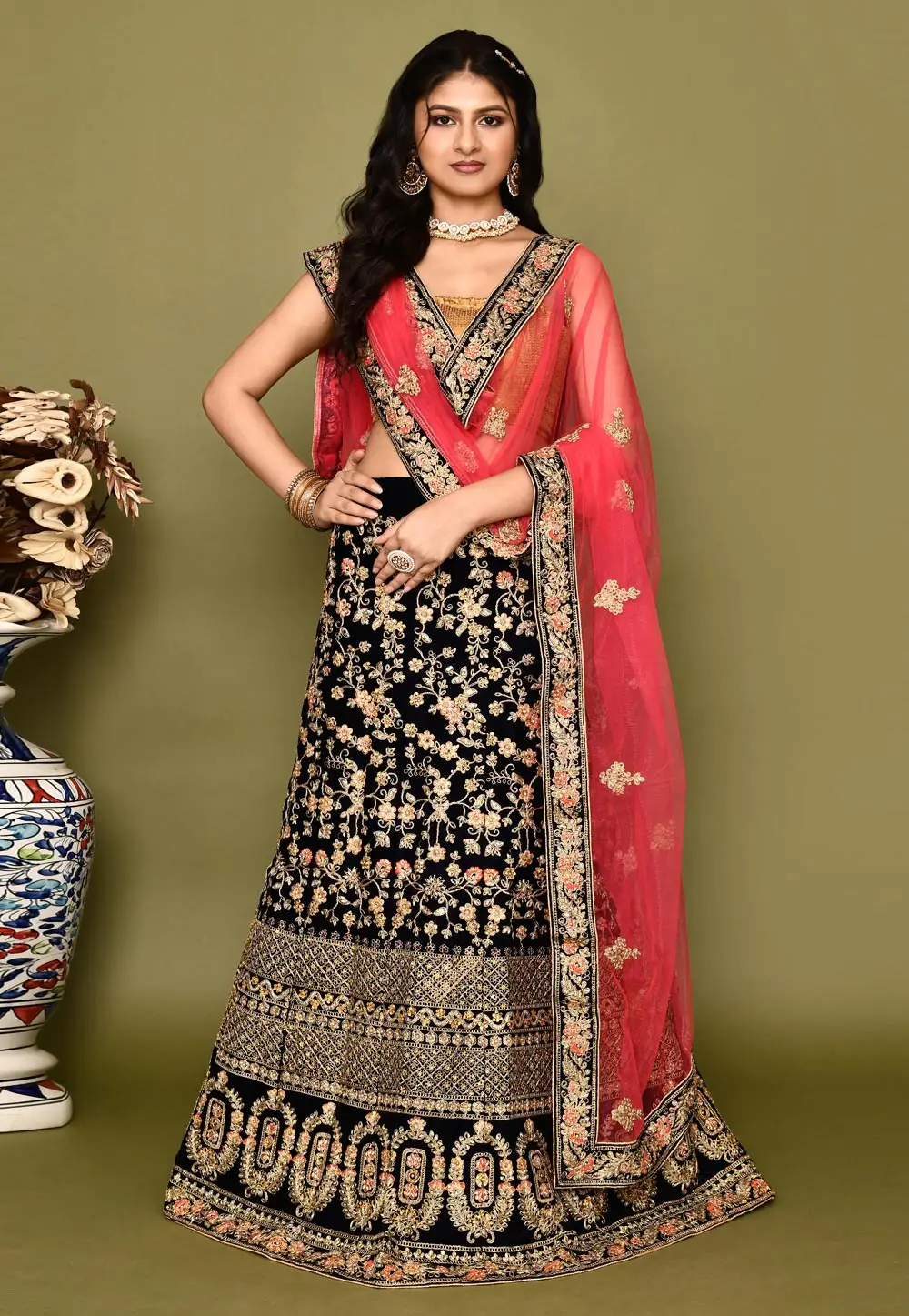 Navy Blue Velvet Bridal Lehenga Choli 295784