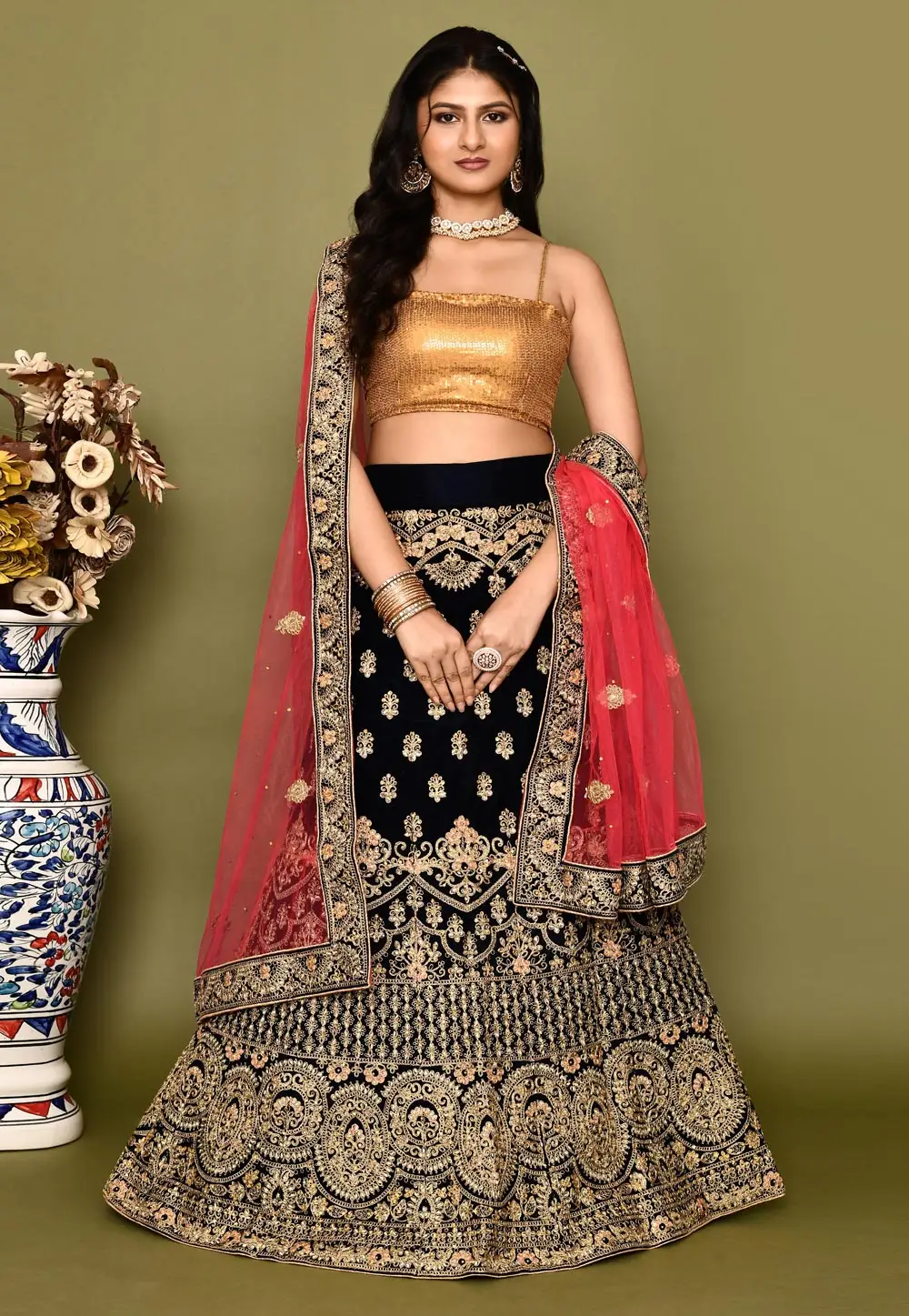 Navy Blue Velvet Bridal Lehenga Choli 295785