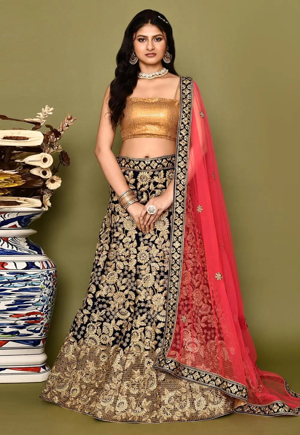 Navy Blue Velvet Bridal Lehenga Choli 295786