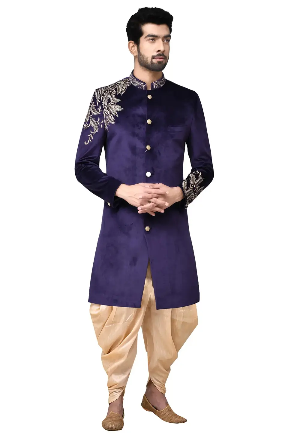 Navy Blue Velvet Dhoti Sherwani 300167