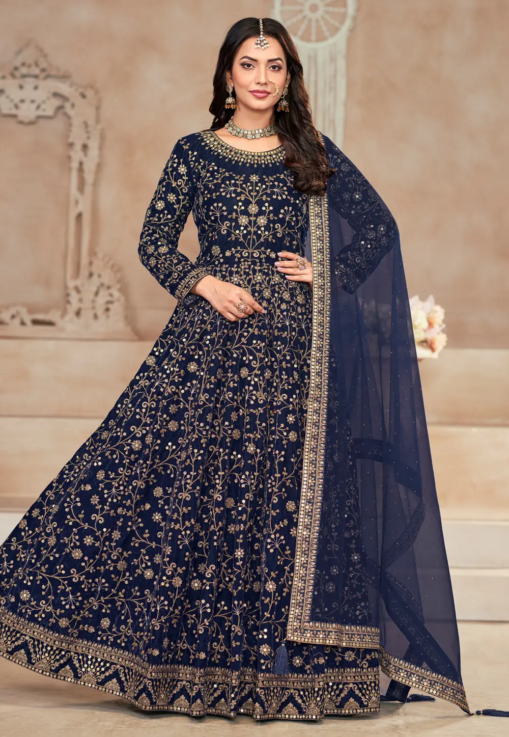 Navy Blue Velvet Embroidered Anarkali Suit 303519