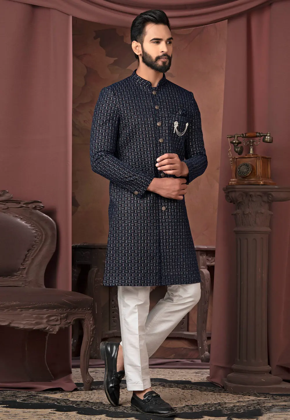 Navy Blue Velvet Indo Western Sherwani 302470