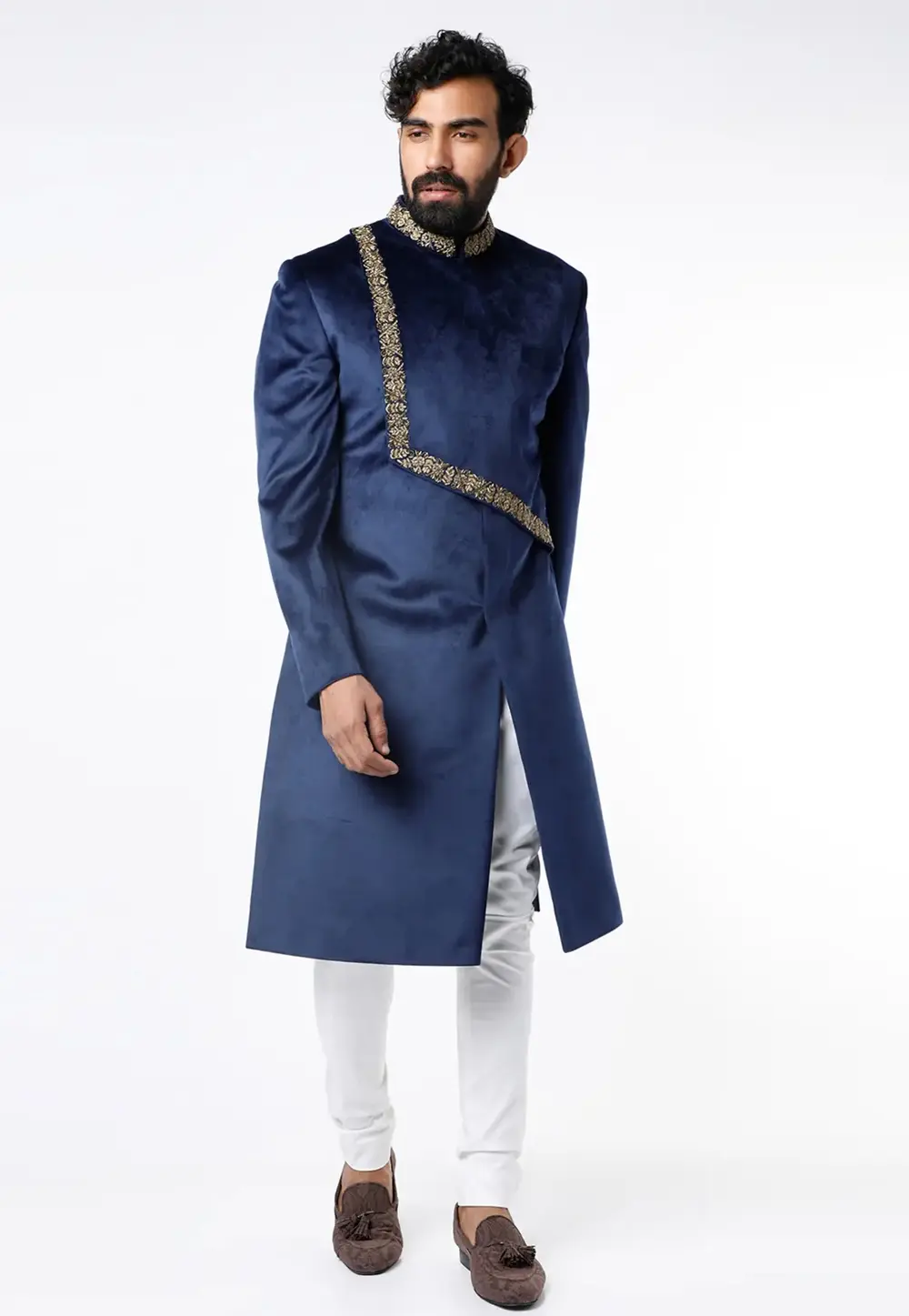 Navy Blue Velvet Indo Western Sherwani 300171