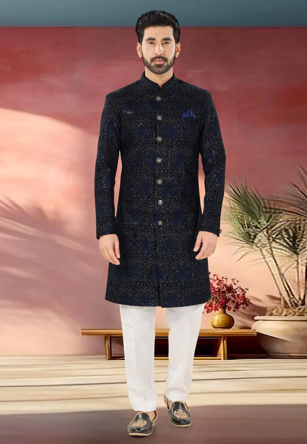 Navy Blue Velvet Indo Western Sherwani 301859