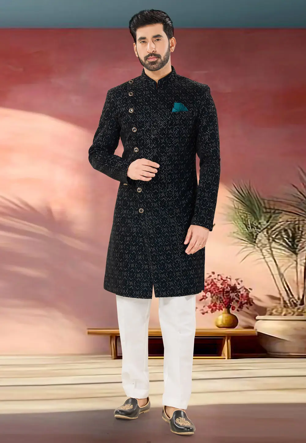 Navy Blue Velvet Indo Western Sherwani 301860