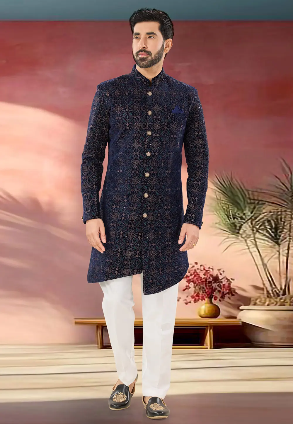 Navy Blue Velvet Indo Western Sherwani 301861