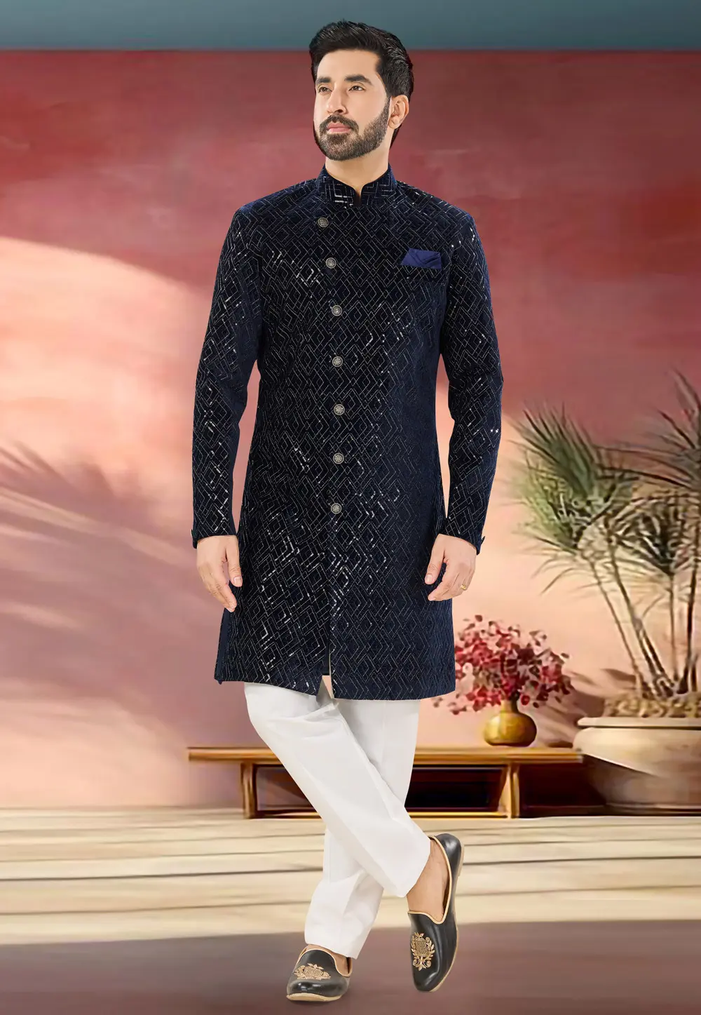 Navy Blue Velvet Indo Western Sherwani 301863