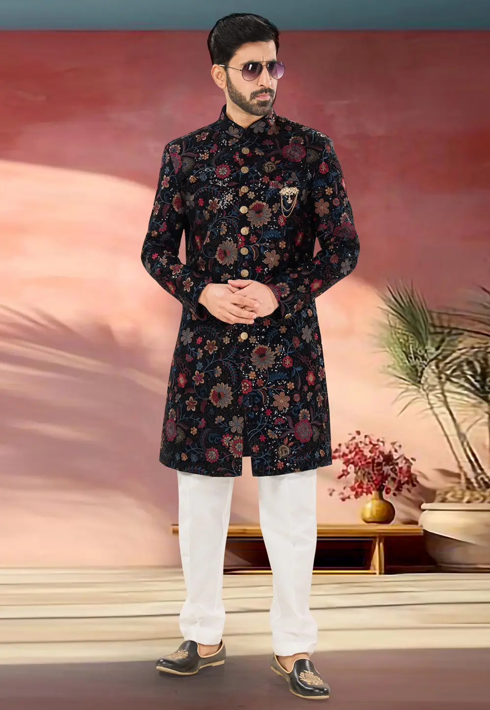 Navy Blue Velvet Indo Western Sherwani 301875