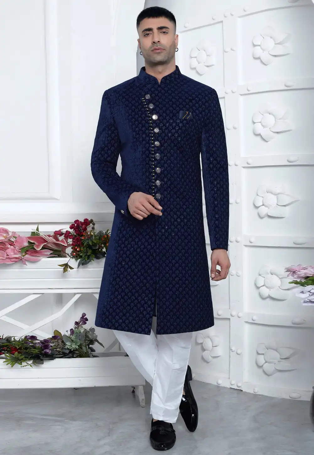 Navy Blue Velvet Indo Western Suit 291297