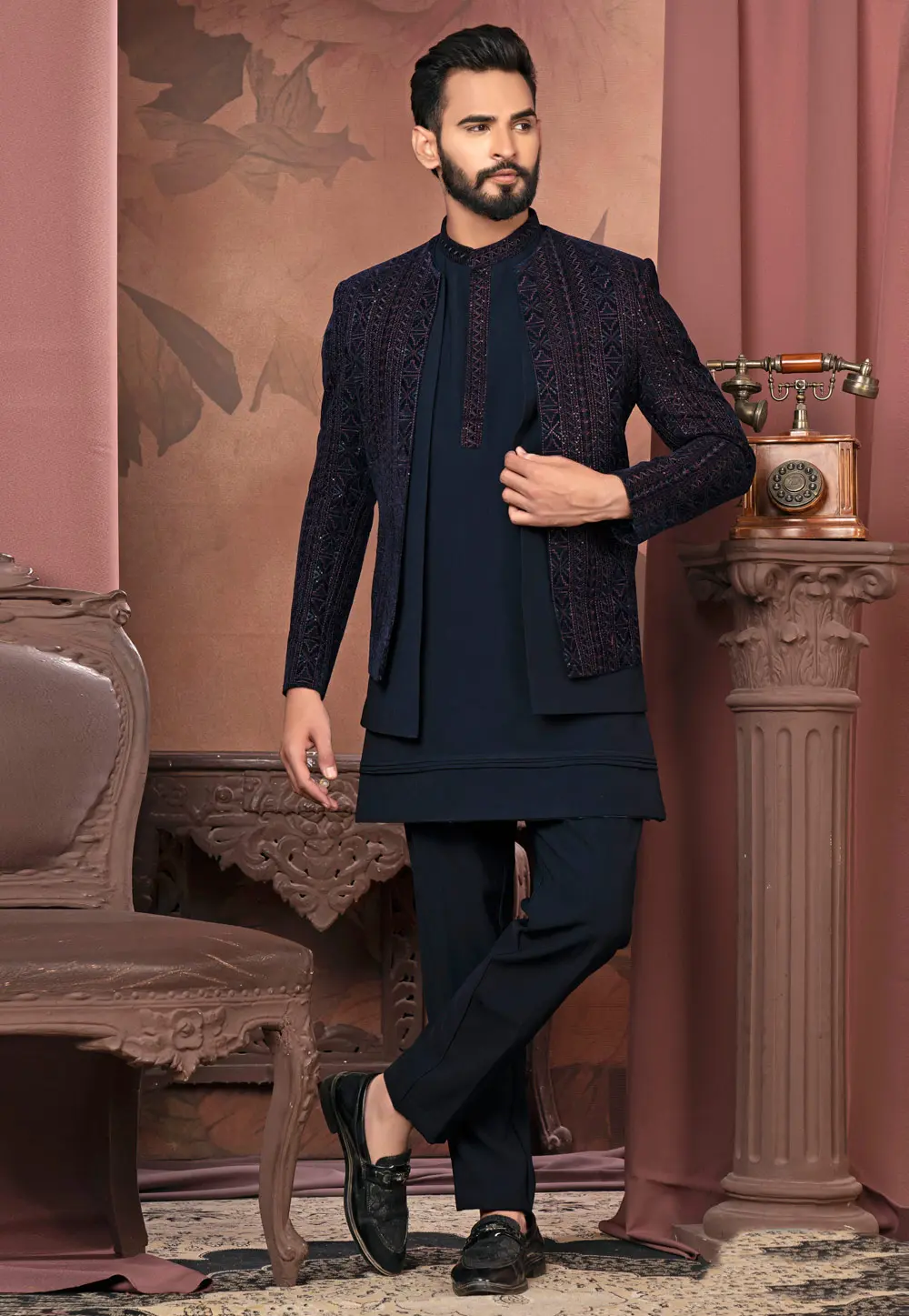 Navy Blue Velvet Indo Western Suit 302440