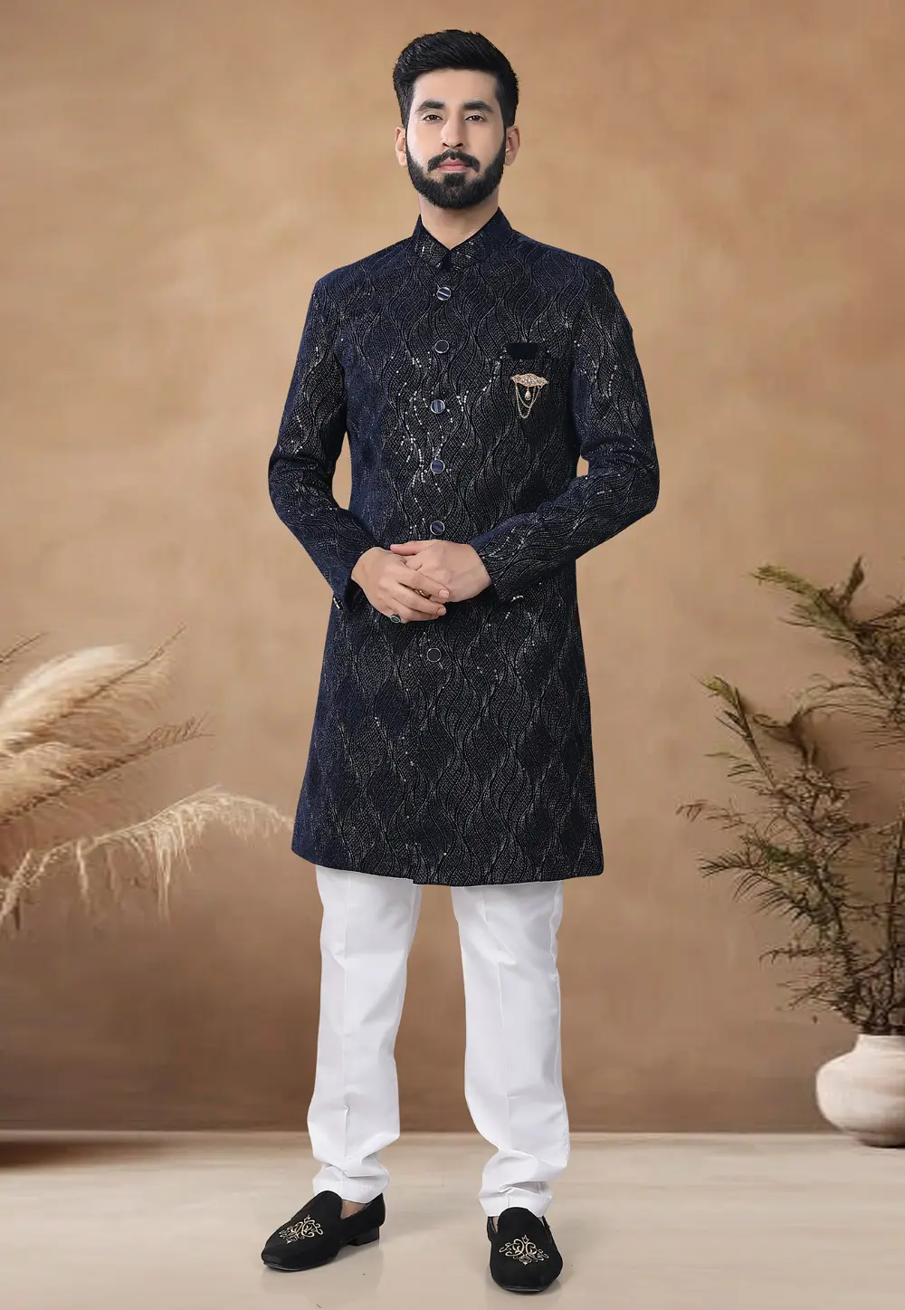 Navy Blue Velvet Indo Western Suit 298811