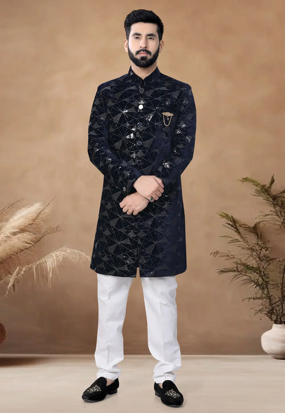 Navy Blue Velvet Indo Western Suit 298812