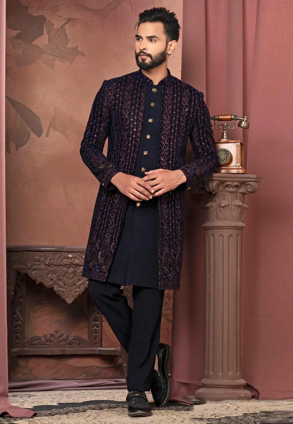 Navy Blue Velvet Jacket Style Sherwani 302420