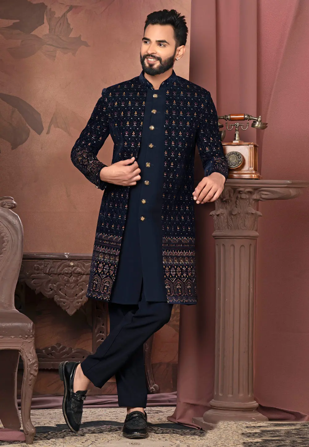 Navy Blue Velvet Jacket Style Sherwani 302430