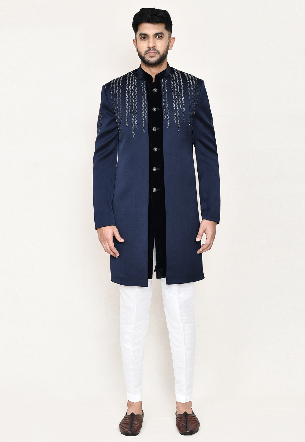 Navy Blue Velvet Jacket Style Sherwani 306097