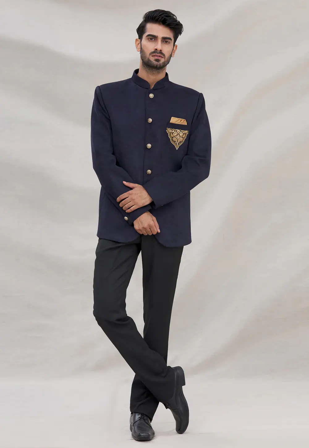 Navy Blue Velvet Jodhpuri Suit 300025