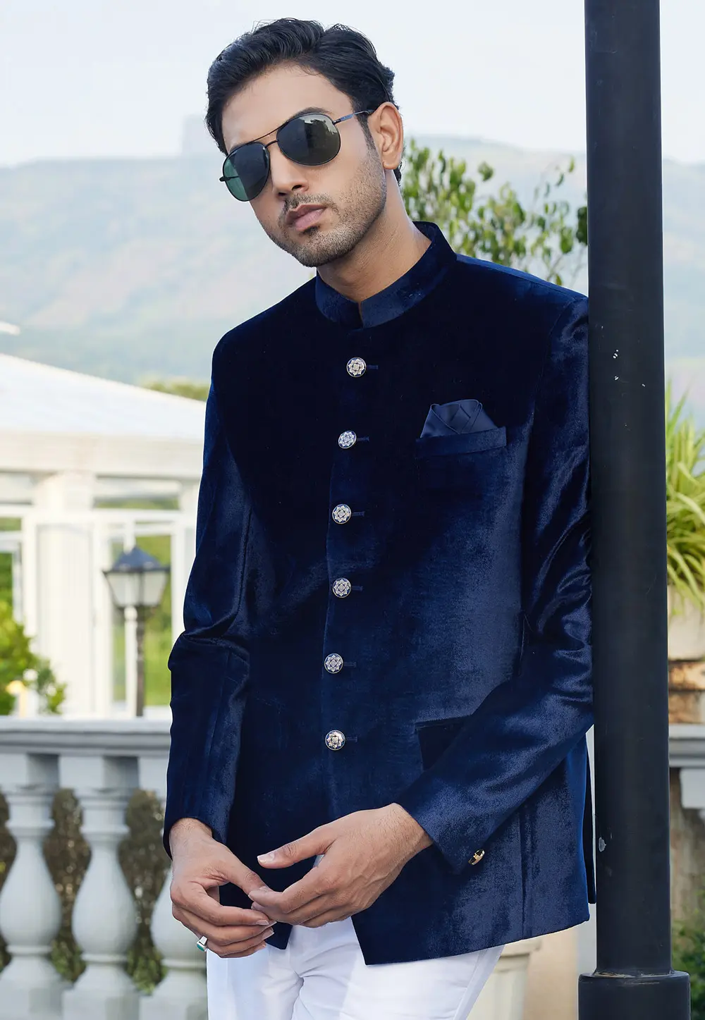 Navy Blue Velvet Jodhpuri Suit 302200