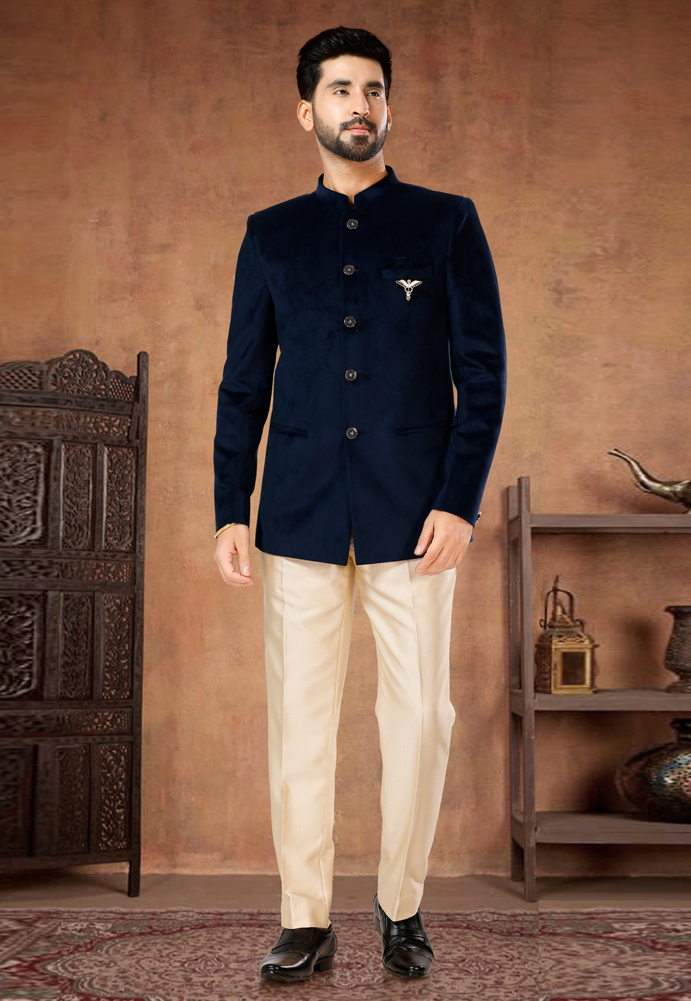 Navy Blue Velvet Jodhpuri Suit 282988
