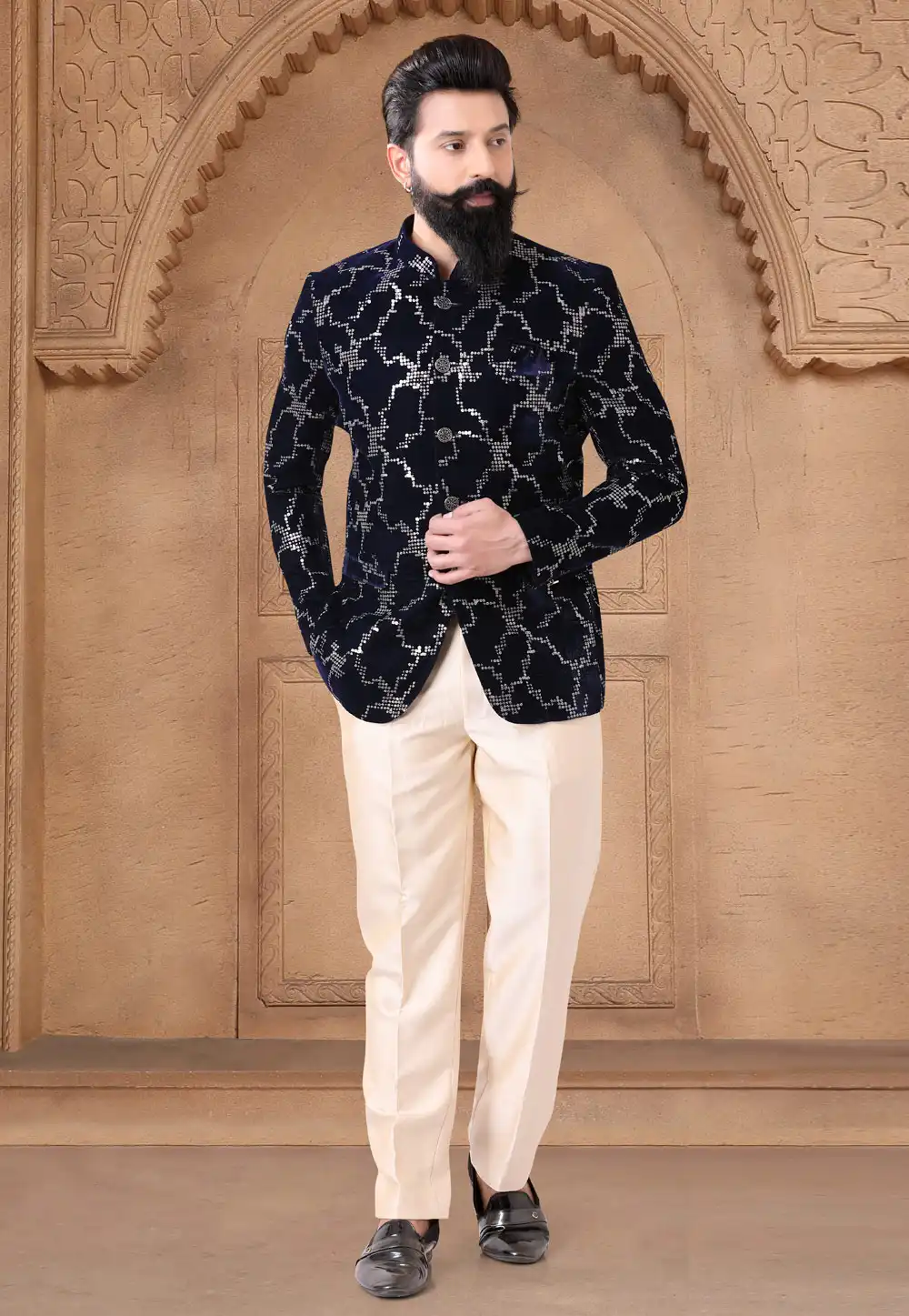 Navy Blue Velvet Jodhpuri Suit 287911