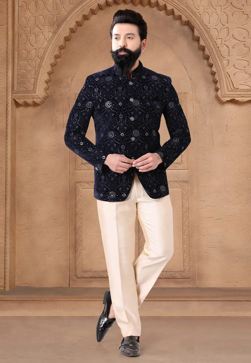 Navy Blue Velvet Jodhpuri Suit 287913