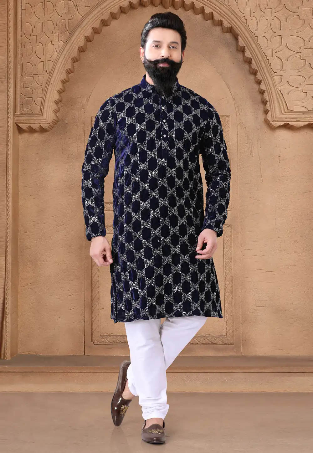 Navy Blue Velvet Kurta Pajama 287937