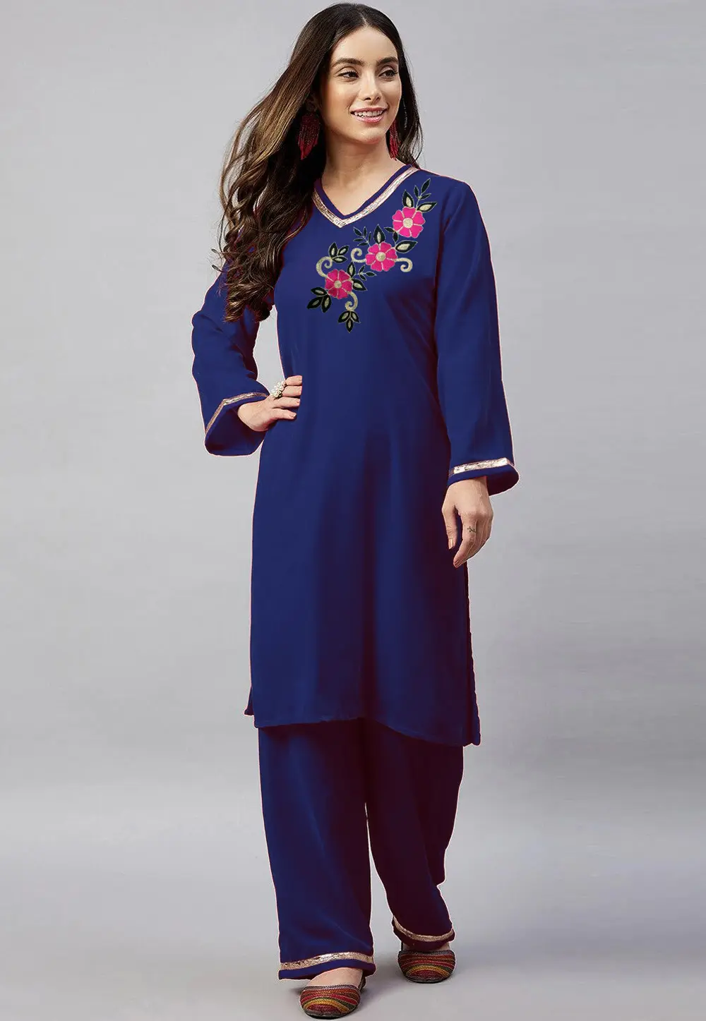 Navy Blue Velvet Kurta Set With Palazzo 300070