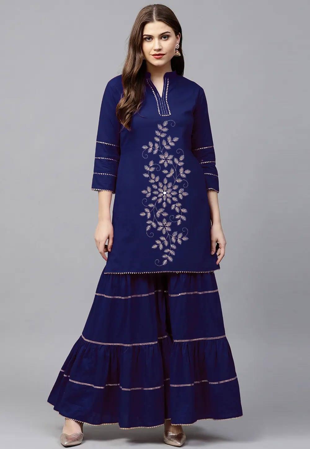 Navy Blue Velvet Kurta Set With Palazzo 300078